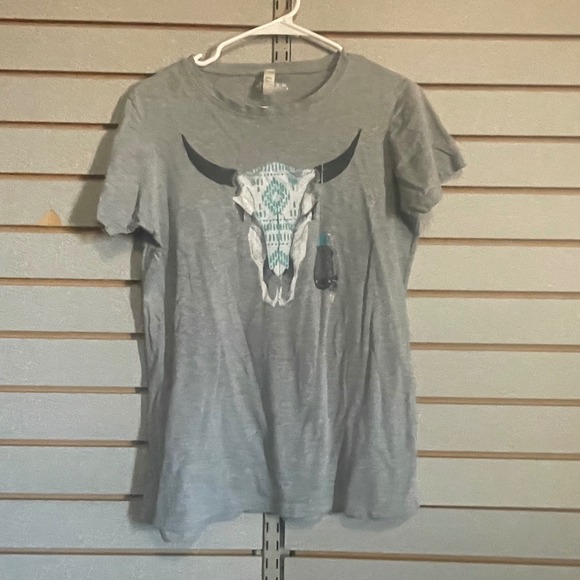 Roper Tops - Roper Womens Heather Grey Western Steer Skull Graphic T-Shirt Large Short Sleeve